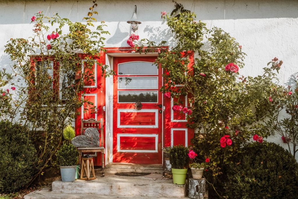 A picturesque red door surrounded by vibrant roses and lush greenery, creating a cozy home entrance feel.