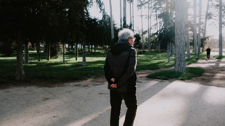 An elderly man strolls through a sunny park, surrounded by green trees.