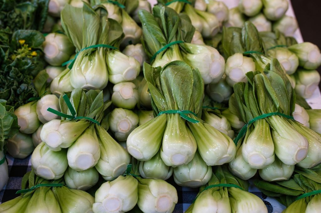 Close-up of fresh pak choi at a market in Olympia, WA. Ideal for food blogs and culinary websites.