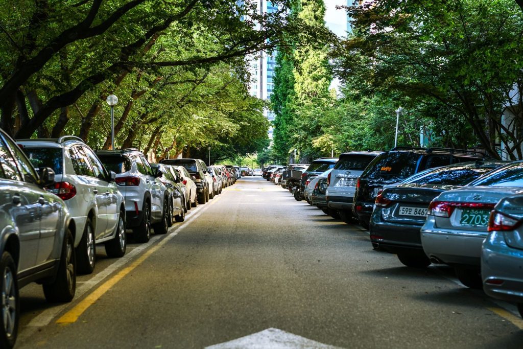 Tree-lined street with parked cars and towering buildings in the background.