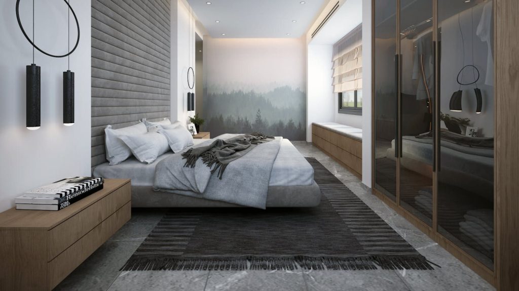 A sleek, modern bedroom with minimalist decor and calming muted colors.