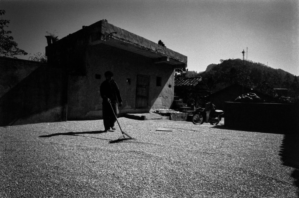 A villager rakes gravel in a rural setting with a rustic building in black and white.