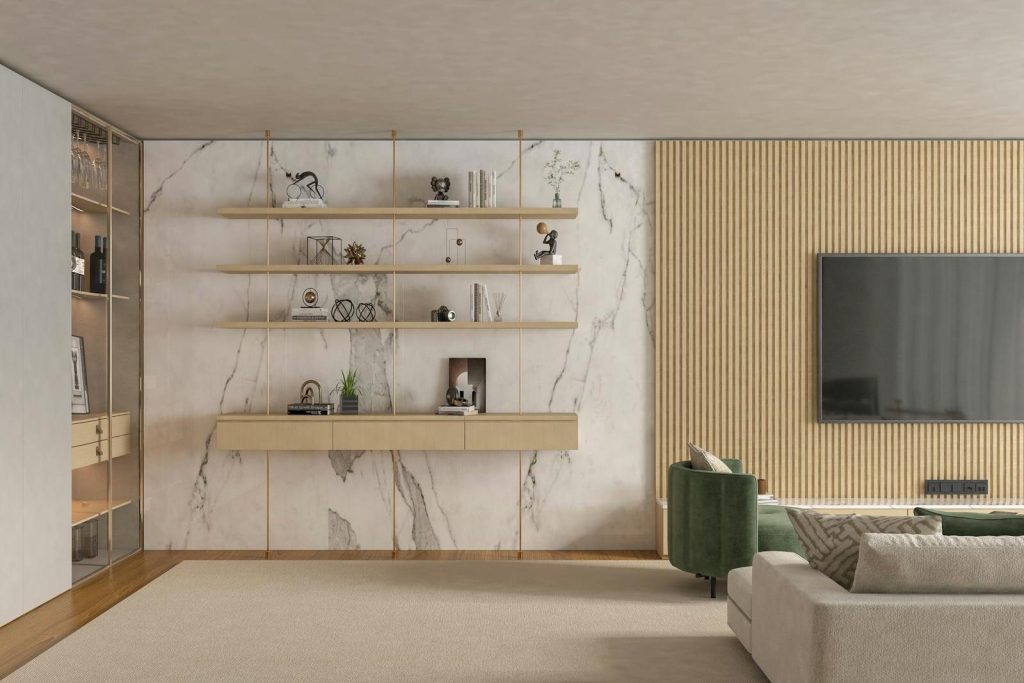 Sleek minimalist living room with marble accents and contemporary furniture.