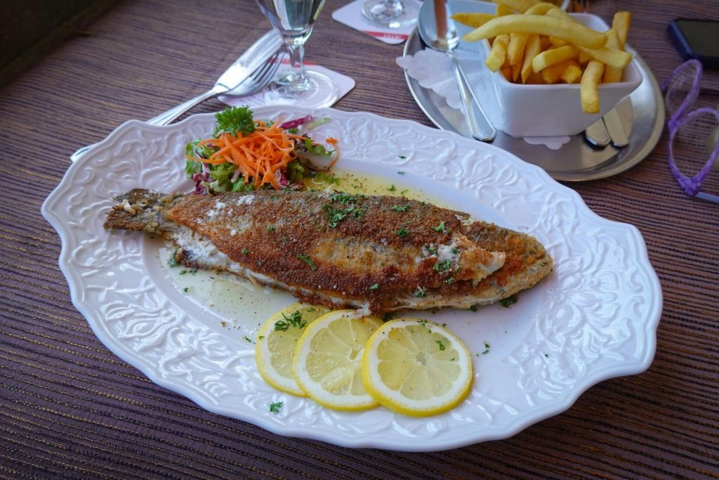 Grilled fish served with lemon slices, fries, and a side salad on a decorative plate.