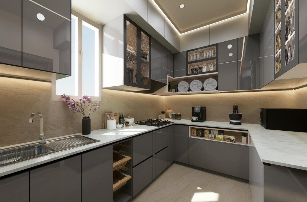 Sleek and modern kitchen with grey cabinets, natural light, and minimalist decor.