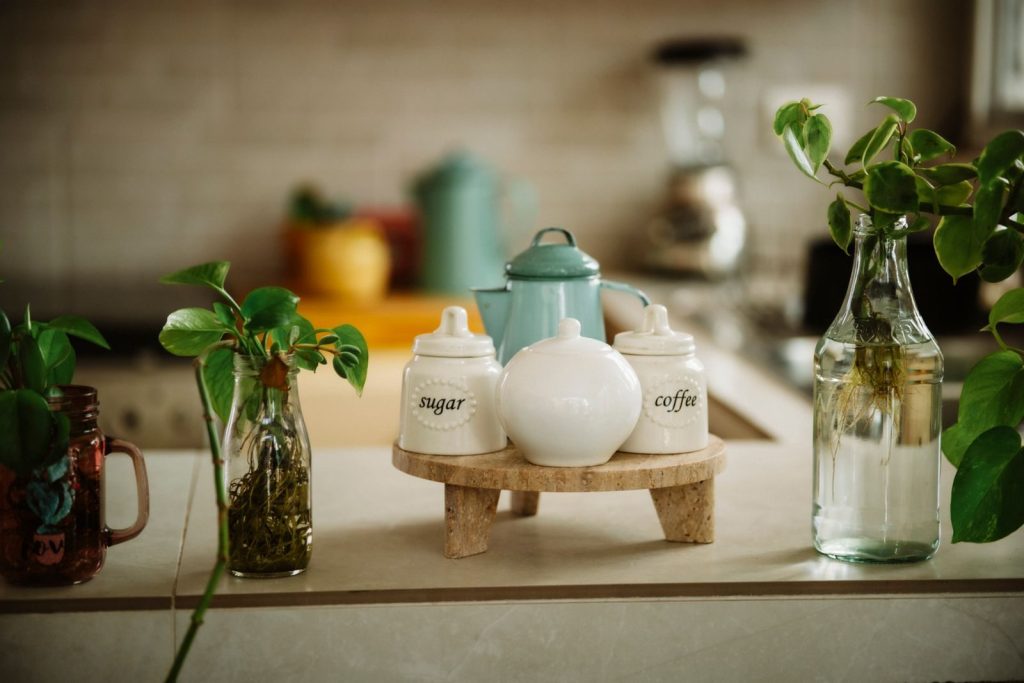 A warm kitchen counter scene with coffee and sugar jars, plants, and decor items.