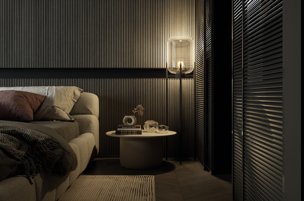 Elegant bedroom interior featuring modern design with ambient lighting and textured walls.