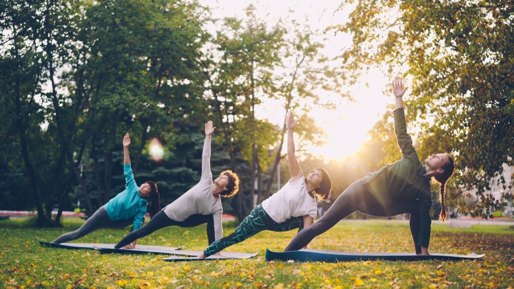 Group practicing yoga outdoors in a sunny park, enhancing wellness and relaxation.