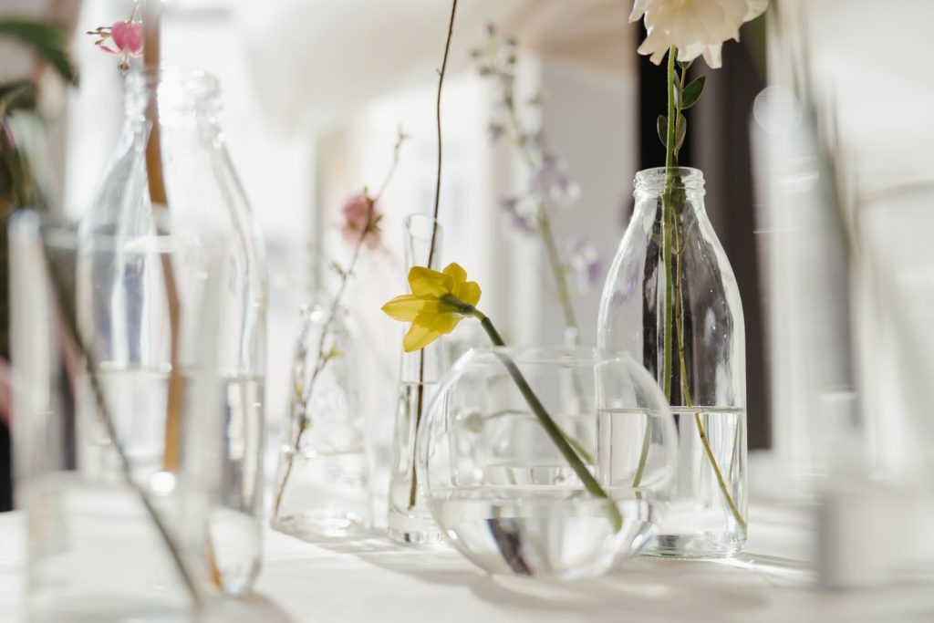 A serene setup of delicate flowers elegantly arranged in various glass vases, capturing a minimalist aesthetic.