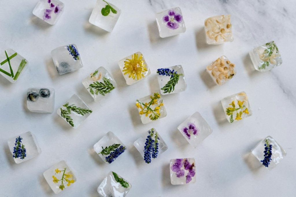 Artistic ice cubes with flowers encased on a marble background in a flat lay arrangement.