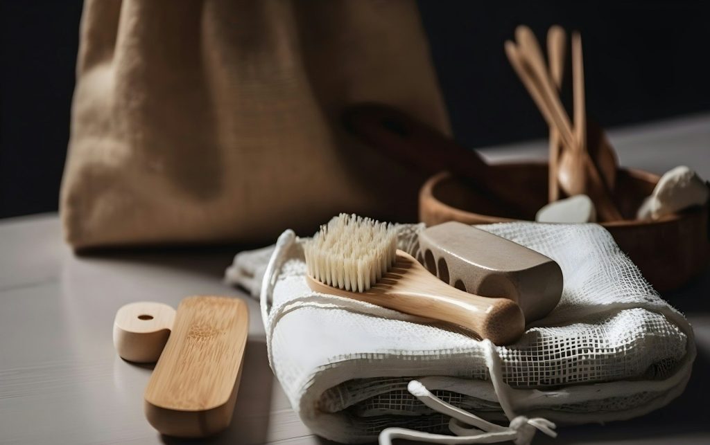 a wooden brush sitting on top of a white cloth