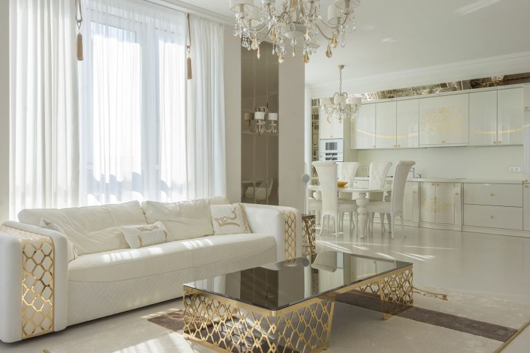 Interior of light spacious flat with cozy sofa near glass table and light furniture in kitchen
