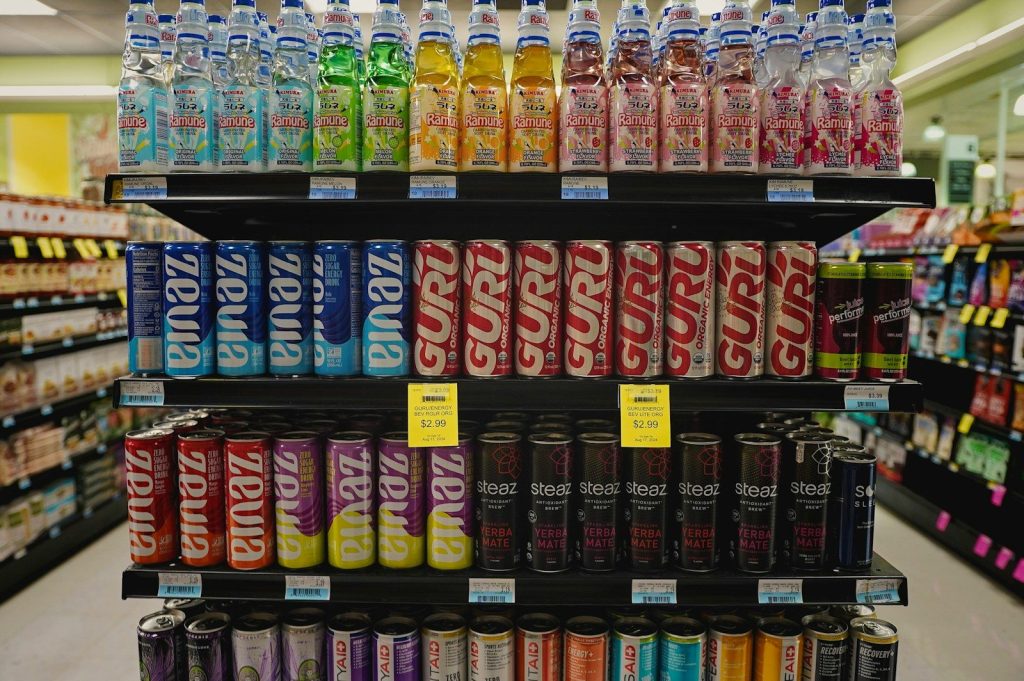 A display in a store filled with lots of drinks