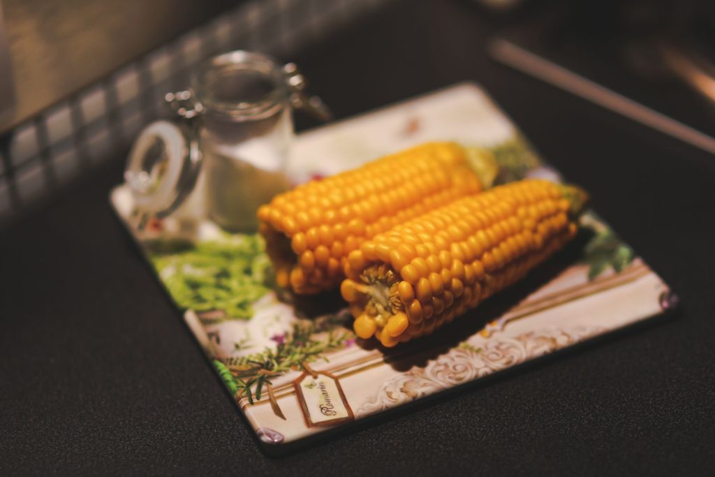 Two fresh corn cobs on a decorative plate with a salt jar, perfect for a meal.