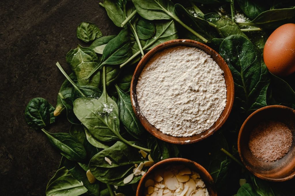 An artistic flat lay of spinach, flour, egg, and seasoning in bowls on a rustic surface.