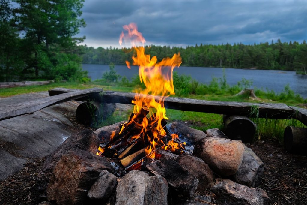 A vibrant campfire by a tranquil lakeside surrounded by lush greenery under cloudy skies.