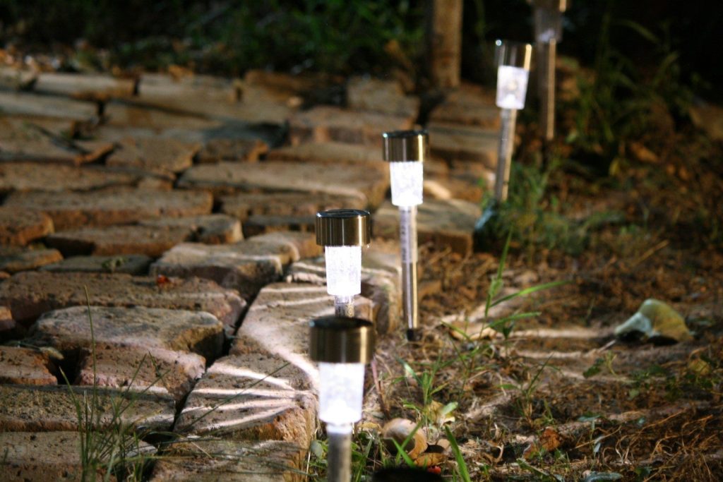 Garden pathway illuminated by solar lights at night.