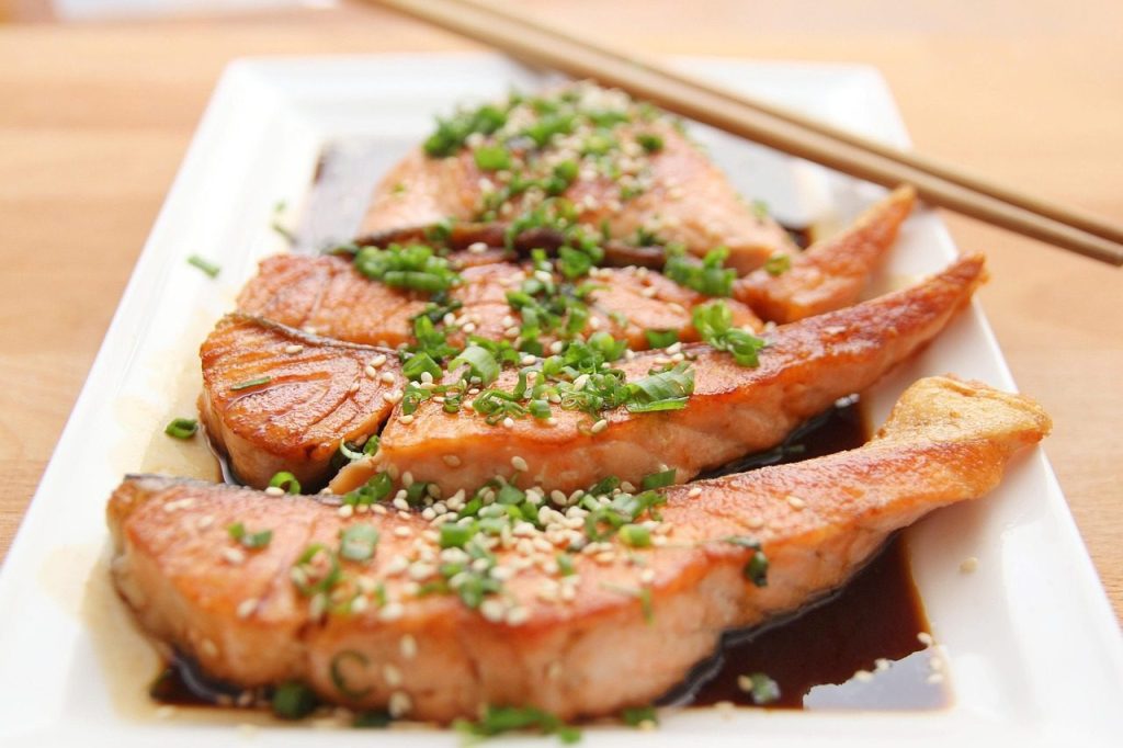 food, salmon, teriyaki, fish, eat, nature, dish, restaurant, meal, healthy, healthy meal, savory, food photography
