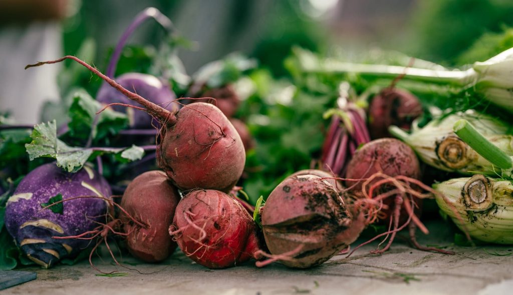 Close-up of fresh organic beets and mixed vegetables on a rustic surface, highlighting farm freshness.