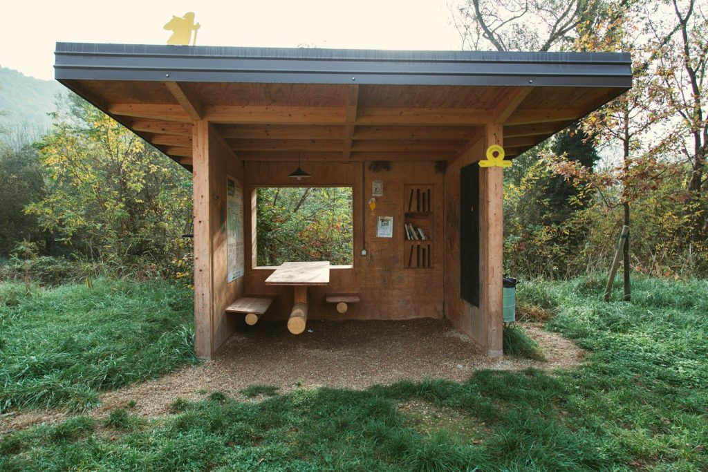 Wooden shelter with table and benches in forest