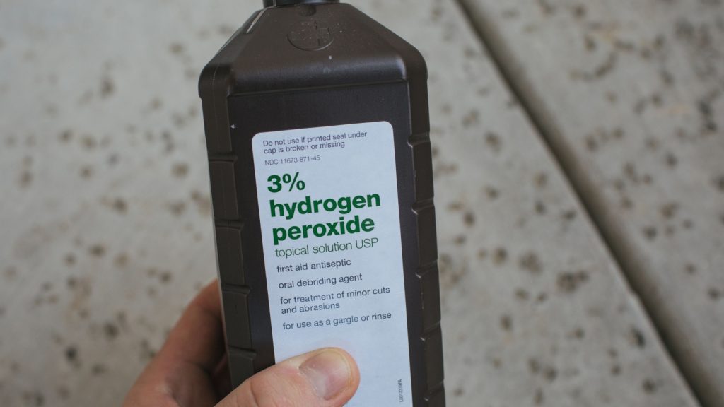 San Jose, CA - April 22, 2020: Closeup of 3% Hydrogen Peroxide, topical solution USP in a brown bottle.