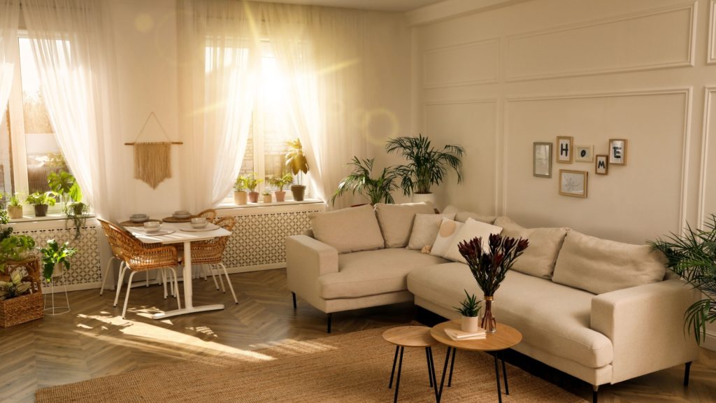 Beautiful sunlit living room with stylish sofa and different houseplants