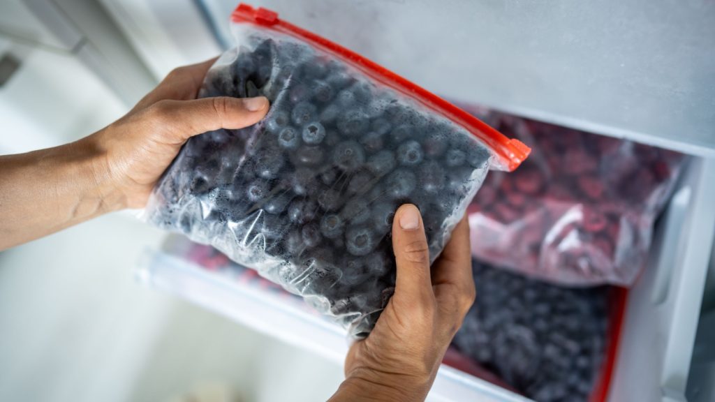 Woman hands hold zip bag with blueberries, putting into freezer. Cost effective food storage, summer berry preservation for winter, vitamins for cold season, quick freezing, nutritional benefits