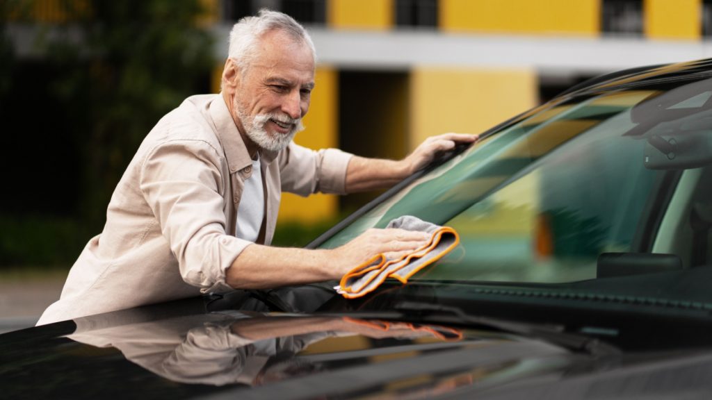 Happy senior man cleaning his car windshield with a microfiber cloth, enjoying retirement while taking pride in maintaining his vehicle outdoors. Cleaning concept
