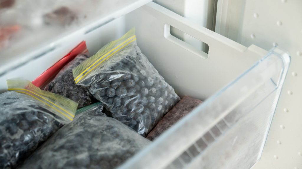 Blueberries frozen for winter in plastic zip bags. Freezer with healthy summer berries preservations. Winter supply food, stocking fruits for future use