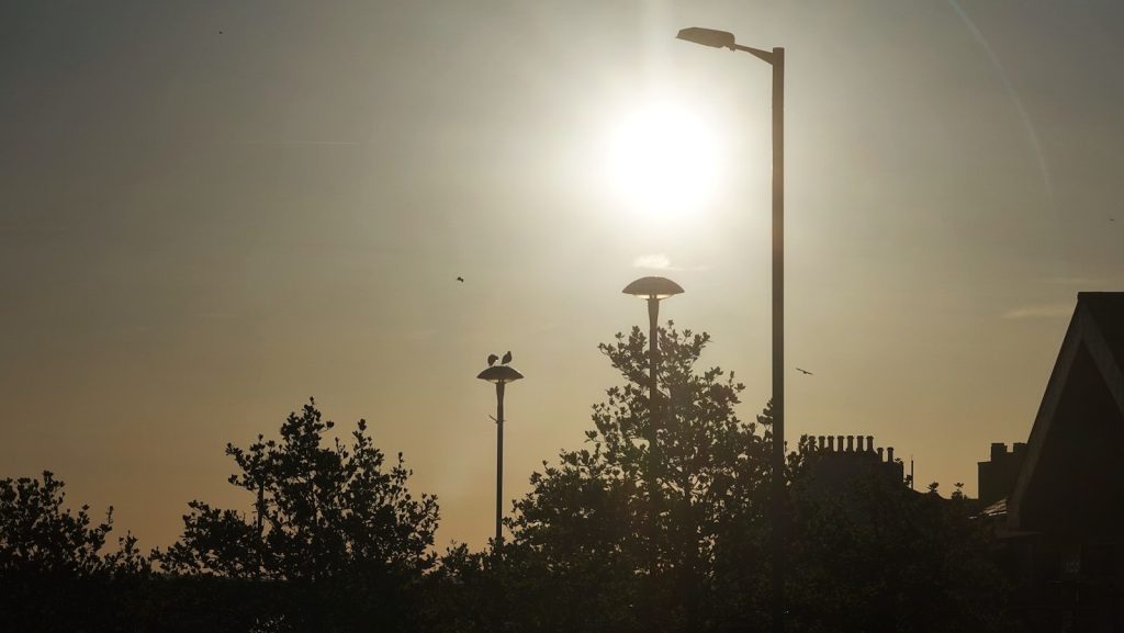 Street lights silhouetted against a bright sun.