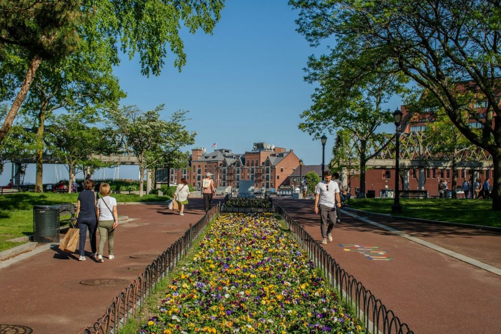 a group of people walking around a park