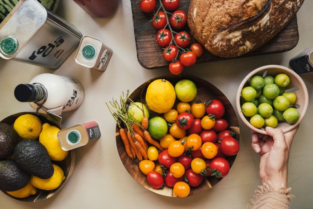 Fresh fruits and vegetables arranged on a table