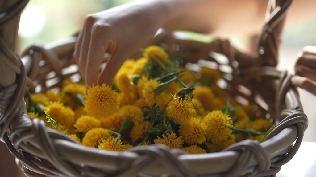 A basket filled with yellow flowers on top of a table