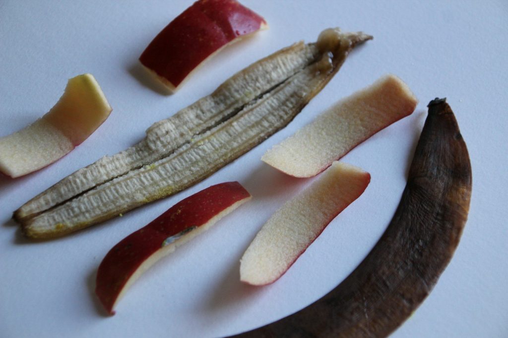 Apple and banana peels on a white surface.
