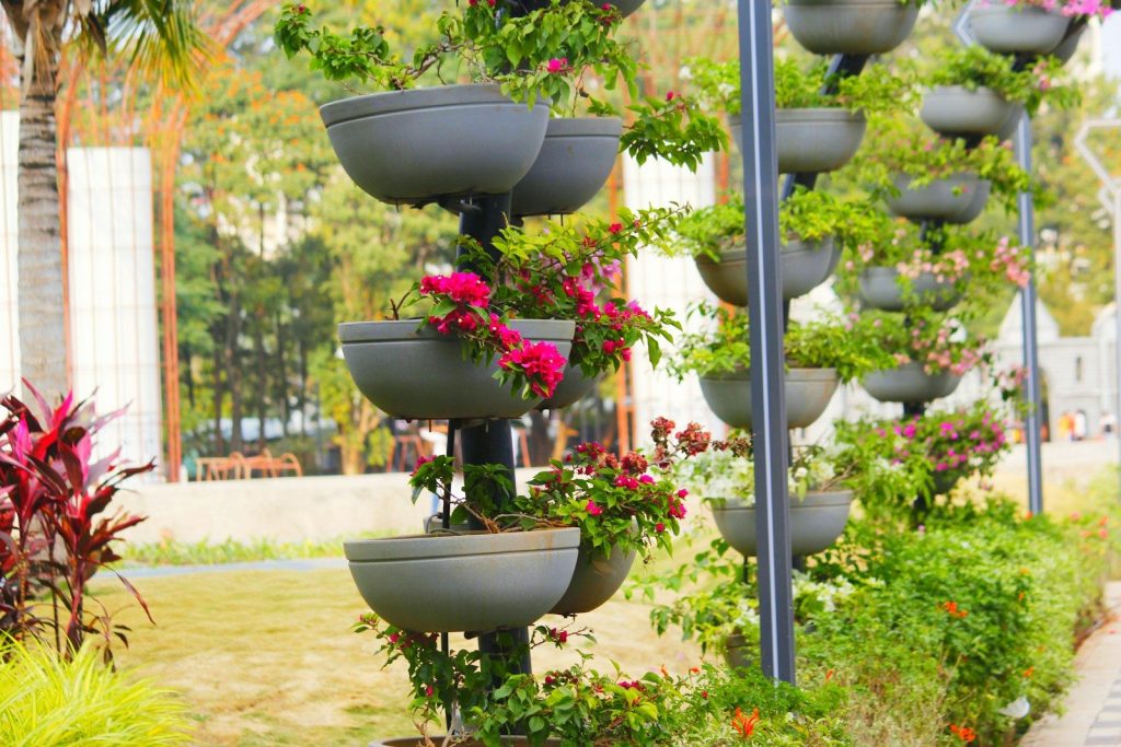 green and pink flower on black ceramic pot