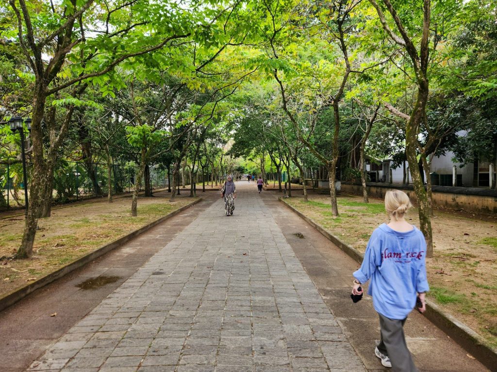 A woman walking down a sidewalk in a park