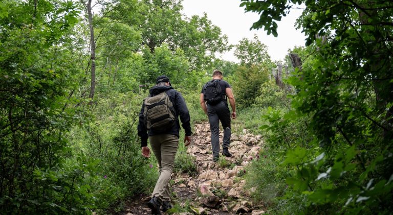 two men hiking up a rocky trail in the woods