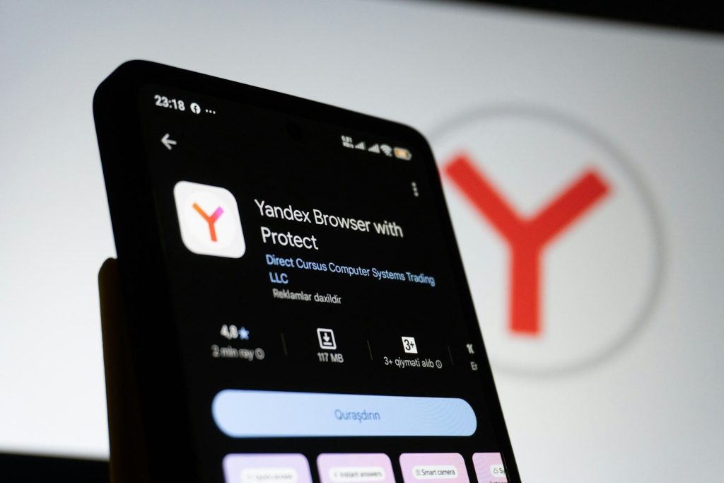 Smartphone displaying yandex browser app information