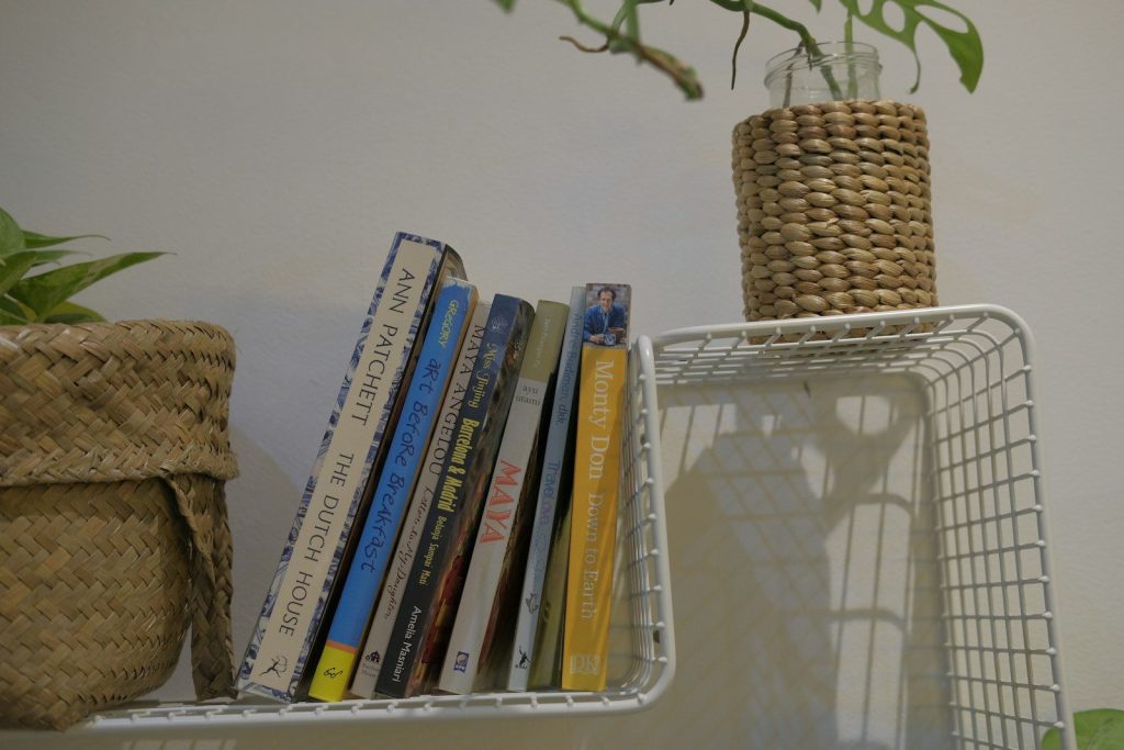 a white shelf holding books and a plant