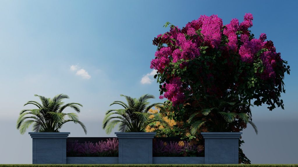 A group of three planters sitting on top of a lush green field