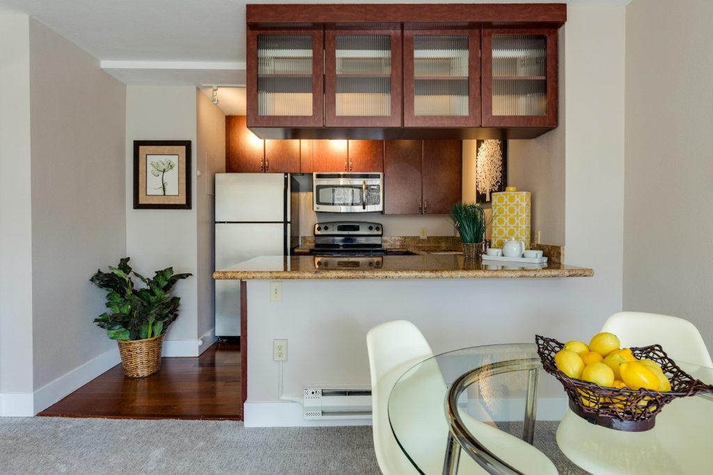 white and beige marble-top table