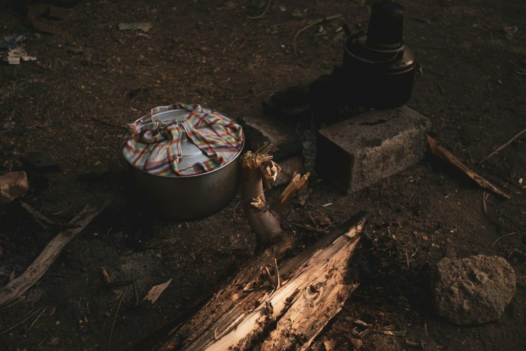A metal pot filled with fish sits near firewood.