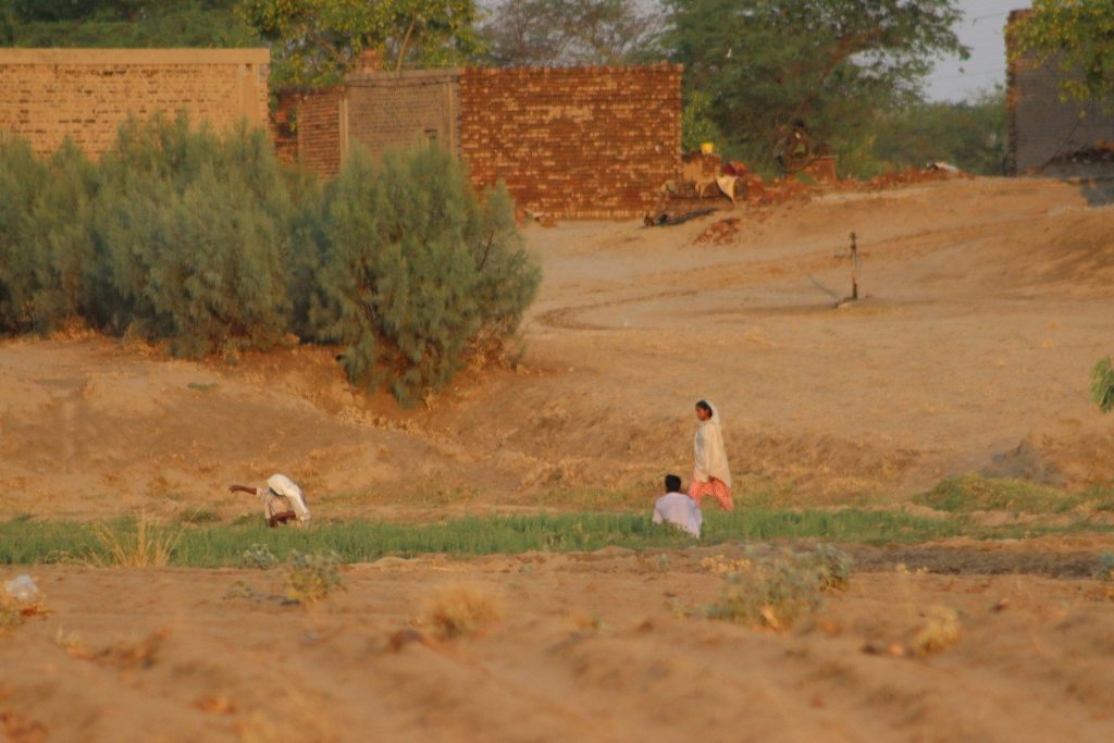 A group of people walking across a dirt field
