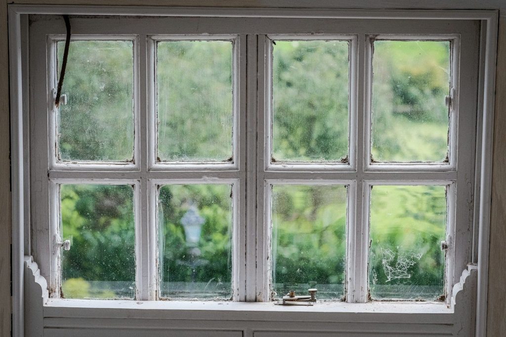 a window with a bird sitting on the window sill