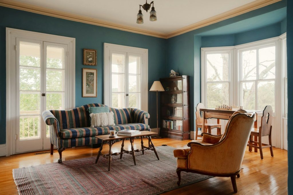 Teal living room with striped sofa and large windows