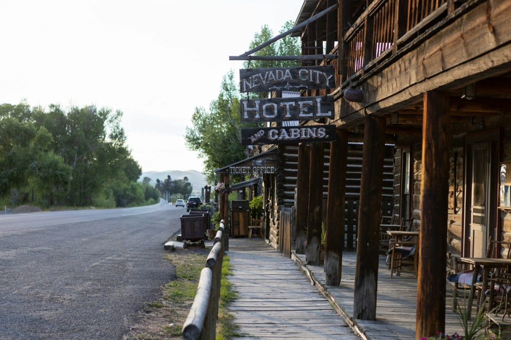 Old hotel and cabins on a wooden boardwalk