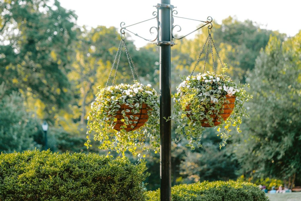 Two hanging flower baskets decorate a lamppost.