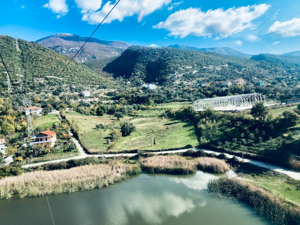 aerial view of green mountains and trees near lake during daytime