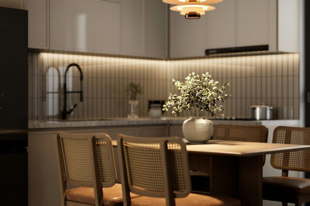 Modern kitchen dining area with chairs and chairs