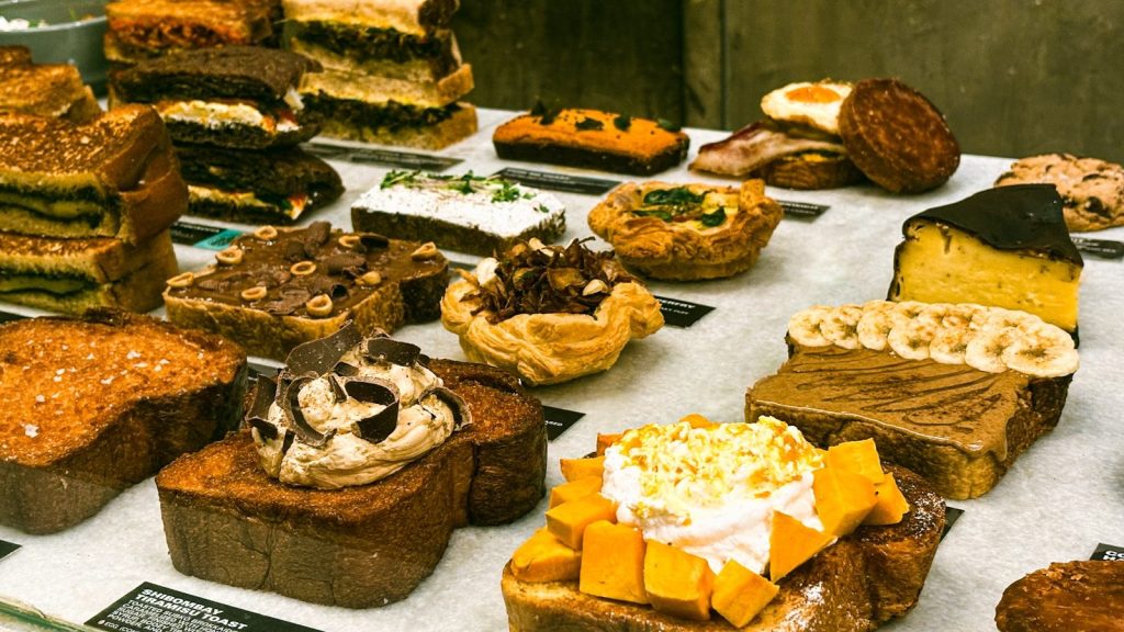 Delicious pastries are on display at a bakery.